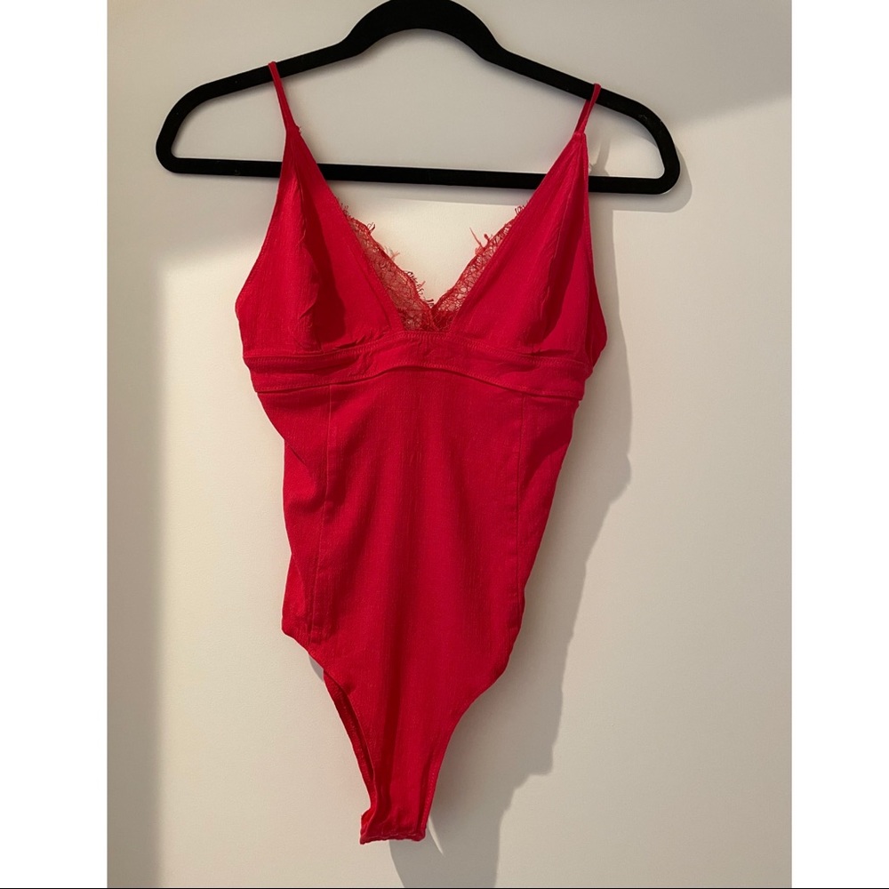 SOLD- Free People Red V-Neck Bodysuit with Eyelash Lace